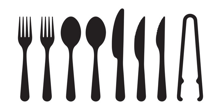 Silverware assortment featuring dinner forks spoons knives and large serving tongs silhouette vector design.