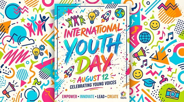 International Youth Day colorful vector illustration with doodles and celebratory elements