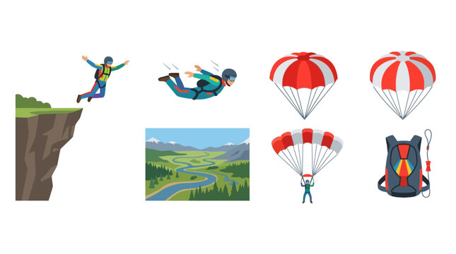 A collection of vector illustrations showing various extreme skydiving