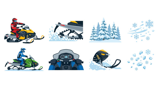 A collection of winter sports icons featuring snowmobiles and trees