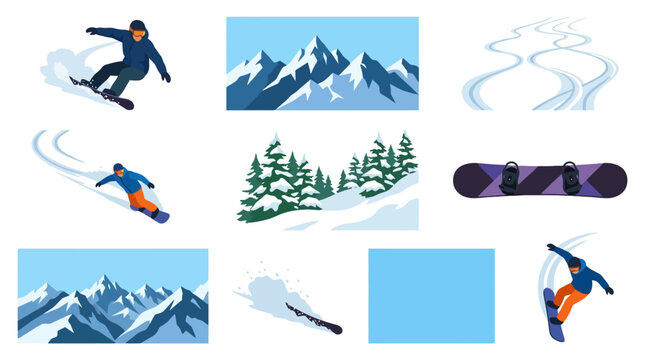 A collection of winter sports icons featuring snowboarding activities