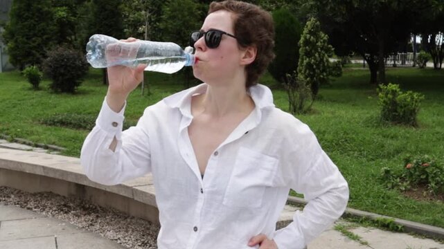 cancer survivor drinks water outdoors in a green urban park, showing healthy hydration habits, heat safety and mindful self care while traveling in warm summer weather