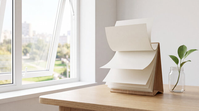 Desktop blank calendar flipping pages on a wooden stand next to a green plant, bright window view