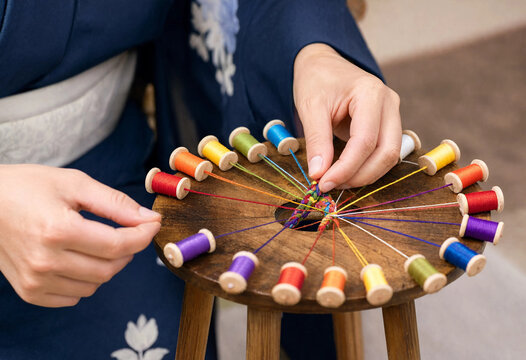 Hands braiding colorful threads on a traditional Japanese kumihimo stand