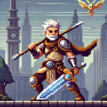Pixel art old warrior hero holding sword and spear with city skyline background
