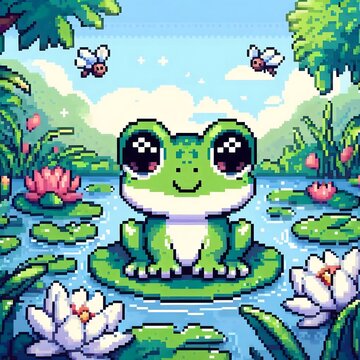 Cute pixel art frog sitting on a lily pad in a pond with water lilies