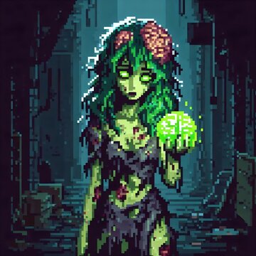 Pixel art female zombie holding glowing green brain in dark alley