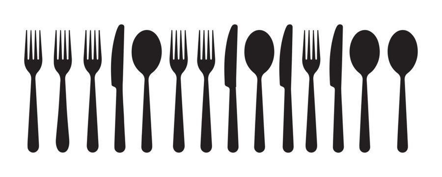 Seamless horizontal border of cutlery silhouettes on a transparent background, vector illustration.