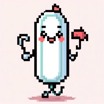 Cute pixel art cartoon character holding a small pink umbrella