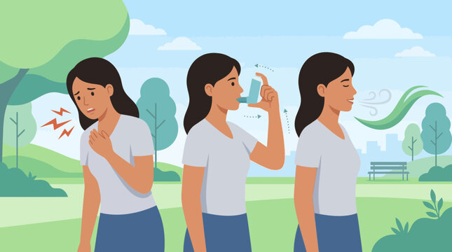 Woman's Asthma Relief: Breathing Difficulty to Easy Breath with Inhaler