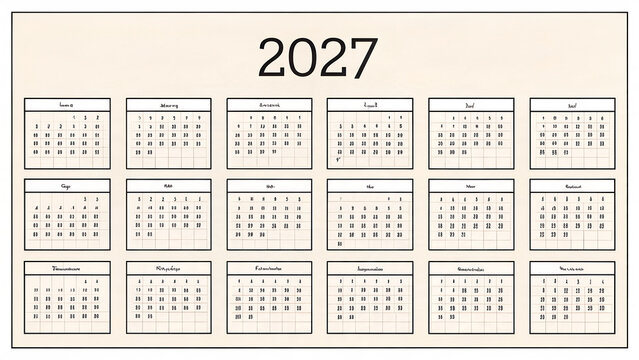 Clean monthly calendar layout for the full year 2027 on white background