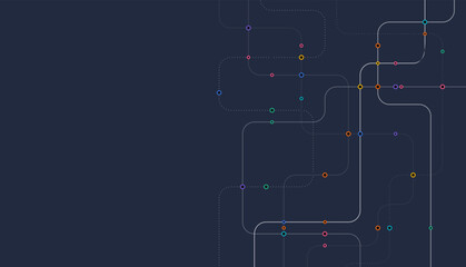 Naklejka na ściany i meble Modern tech route map with smooth curved lines and colorful connection points on a dark background, suitable for data flow themes, mapping concepts, network design, and contemporary graphic layouts.