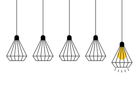 Minimal hanging lamp line art with a single glowing yellow bulb among unlit lamps, creating a clean modern lighting concept for design, decoration, and creative projects.
