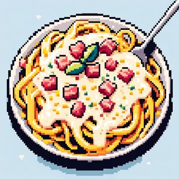 Pixel art illustration of a delicious plate of spaghetti carbonara with creamy sauce and bacon