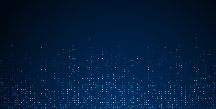 Blue digital pixel dot matrix forming a rising particle pattern on a dark background, suitable for technology themes, data visuals