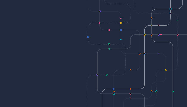 Modern tech route map with smooth curved lines and colorful connection points on a dark background, suitable for data flow themes, mapping concepts, network design, and contemporary graphic layouts.