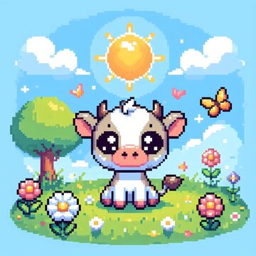 Cute pixel art calf sitting in a flower meadow under bright sun
