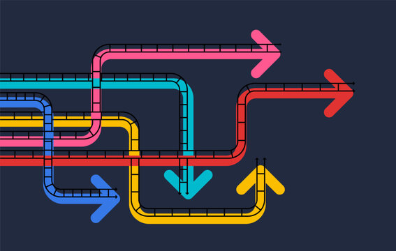 Colorful directional line arrows crossing and curving on a dark background, forming a dynamic multi-route flow design suitable for business, navigation, and creative concepts.