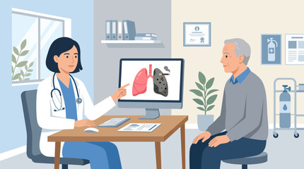 Fototapeta premium Doctor showing patient damaged lungs on computer screen in clinic