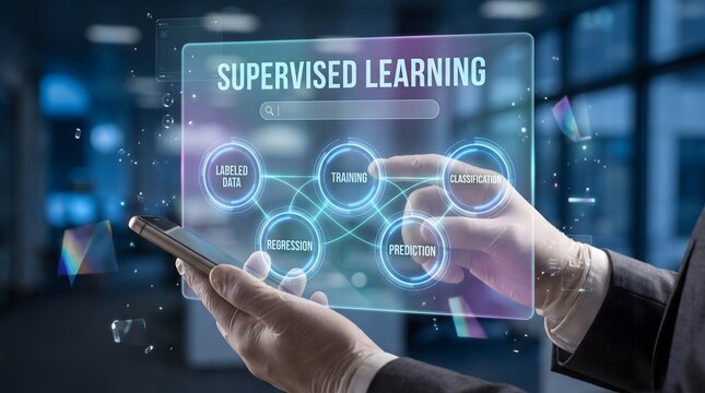 A business professional holding a futuristic glass tablet displaying a glowing holographic image about supervised learning and artificial intelligence technology concepts