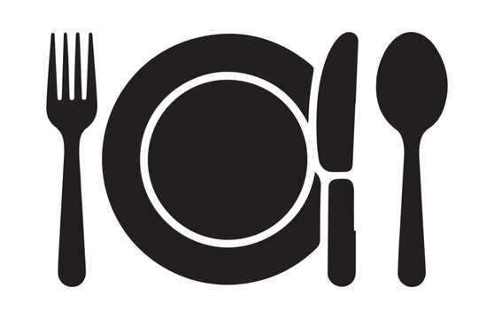 Dining table place setting silhouette icon with plate fork knife and spoon on transparent grid background.