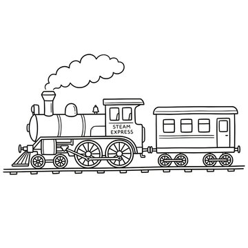 Steam train with smoke pulling passenger cars vintage black and white