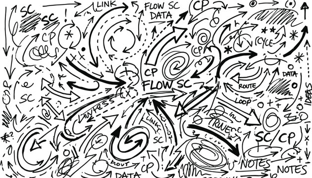 Hand drawn complex flow chart diagram with many arrows and scribbled notes on a white background for business planning