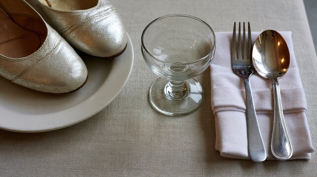 Evening event table setting with dance shoes, glassware, and folded napkin
