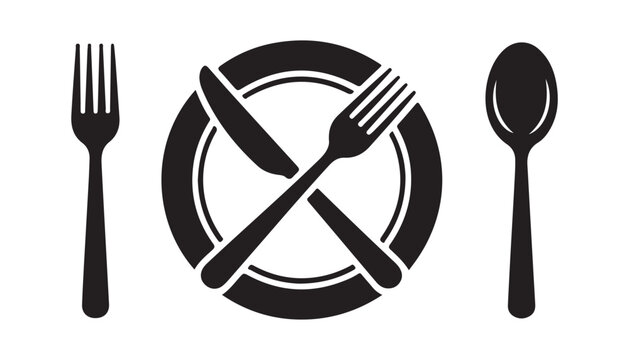 Dining table service icon featuring crossed knife and fork on plate with spoon on checkered background.
