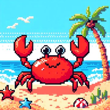 Cute Red Crab on a Tropical Beach Pixel Art Illustration