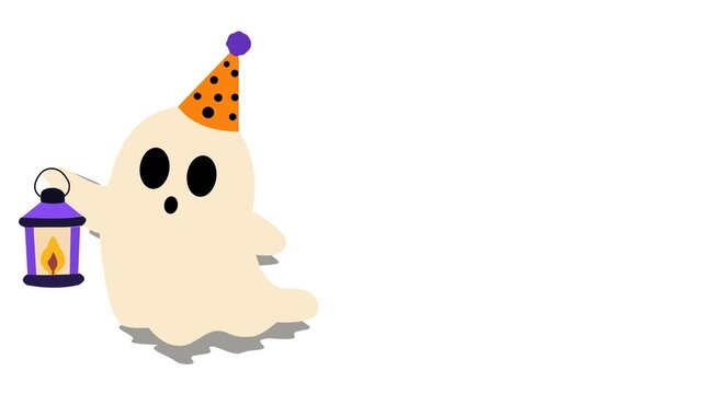 Cute Halloween Ghost Holding Lantern and Wearing Party Hat Animation