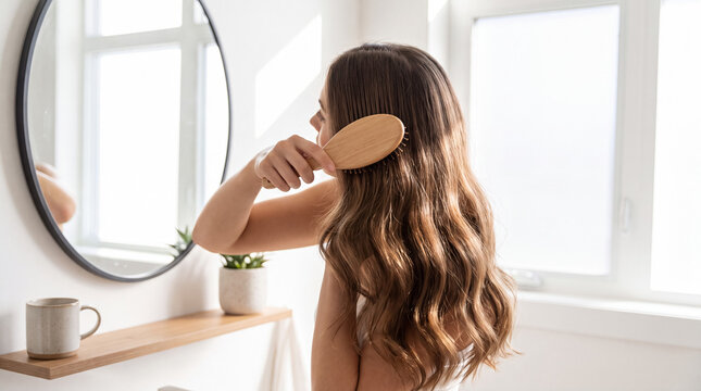 Woman brushing long brown hair in modern bathroom, performing a daily morning self care beauty routine