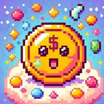 Cute pixel art gold dollar coin game icon illustration