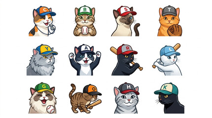 Collection of cartoon cats wearing baseball caps and sunglasses. © akagami