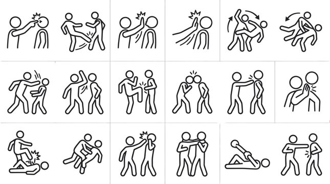 Martial arts and self defense stick figure icon set.