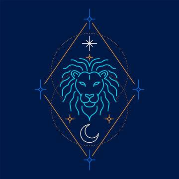 Neon Leo zodiac symbol inside a celestial geometric frame with stars and crescent moon on a dark background