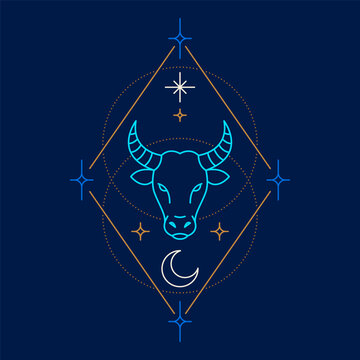 Neon Taurus zodiac symbol inside a celestial geometric frame with stars and crescent moon on a dark background