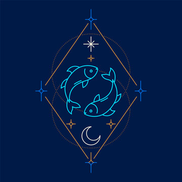 Neon Pisces zodiac symbol inside a celestial geometric frame with stars and crescent moon on a dark background