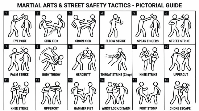 Self defense pictorial guide with martial arts stick figures.