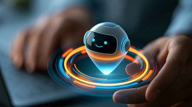 AI virtual assistant chatbot interface using generative AI and deep learning to support smart business operations, defocused background, with copy space
