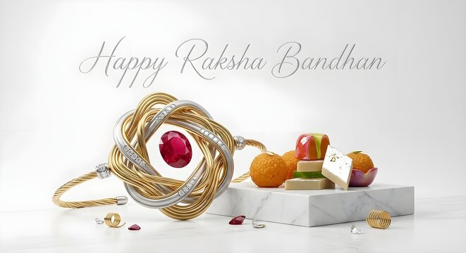 Luxury gold and silver designer bracelet Rakhi with ruby stone and Indian sweets on marble podium