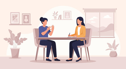 Fototapeta premium Two women talking at a table with plant decorations and window view