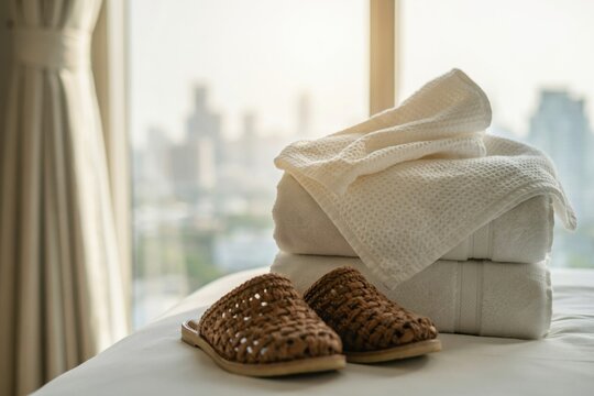 Hotel bed with fresh white towels and slippers. Luxury stay concept.