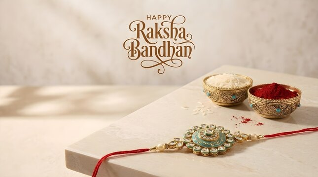 Happy Raksha Bandhan greeting card design with designer Rakhi, roli, and rice on marble surface