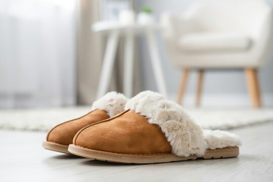 Cozy fuzzy slippers on a soft floor. Perfect for a relaxing home spa concept.