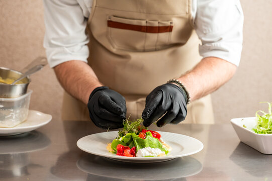 A chef wearing black nitrile gloves carefully plates a gourmet dish with fresh greens, tomatoes, and burrata cheese on a white plate in a commercial kitchen setup