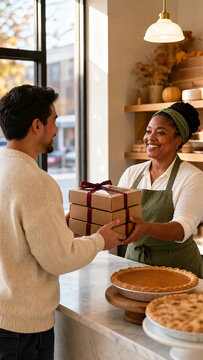 Vertical photo of a smiling female bakery worker handing ribbon-tied boxes to a customer. Picking up a pre-ordered festive Thanksgiving dinner. Fresh pies on the counter in a small business
