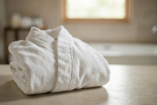 A soft white folded bathrobe sits on a stone counter. Spa wellness concept.