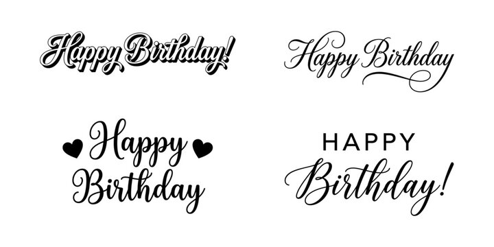 Collection of four different elegant hand written happy birthday calligraphy typography designs isolated on white background