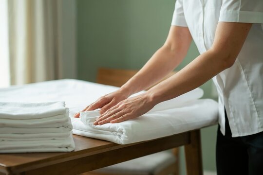 Hotel staff folding white linens on a table. Concept for hospitality.